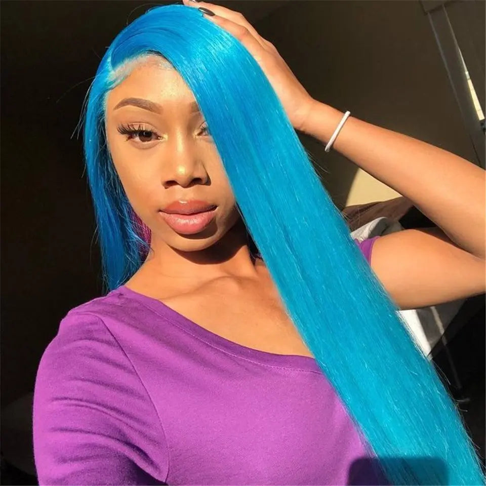 Beaufox Blue Color Straight Hair Lace Front Wig Colorful Hair Human Hair Wig beaufox hair beaufox hair