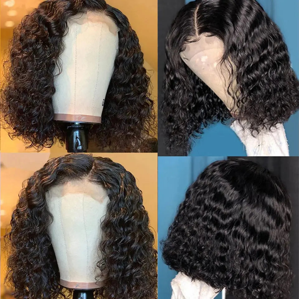 Beaufox Hair Deep Wave Short Bob Wig 4X4 Lace Closure Wig #1b Color beaufox hair beaufox hair