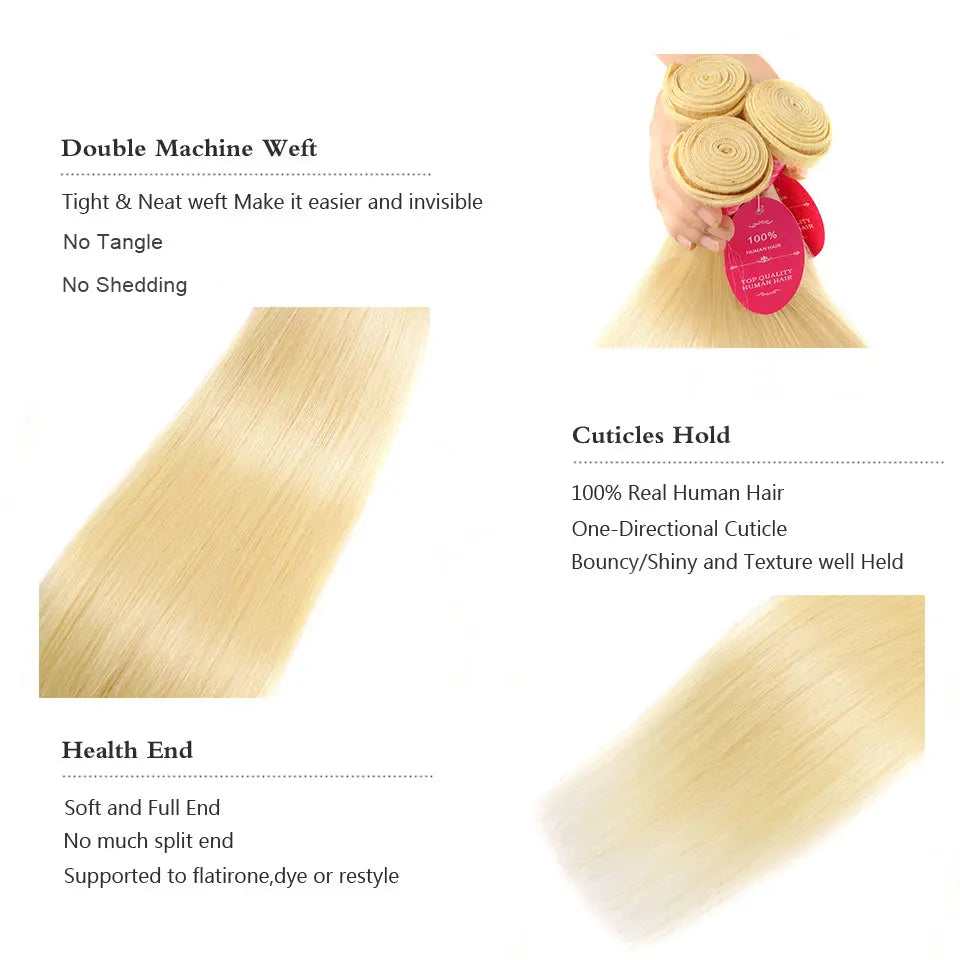 Beaufox Human Hair Straight Hair 613 Blonde 3/4 Bundles With 4x4 Lace Closure beaufox hair beaufox hair