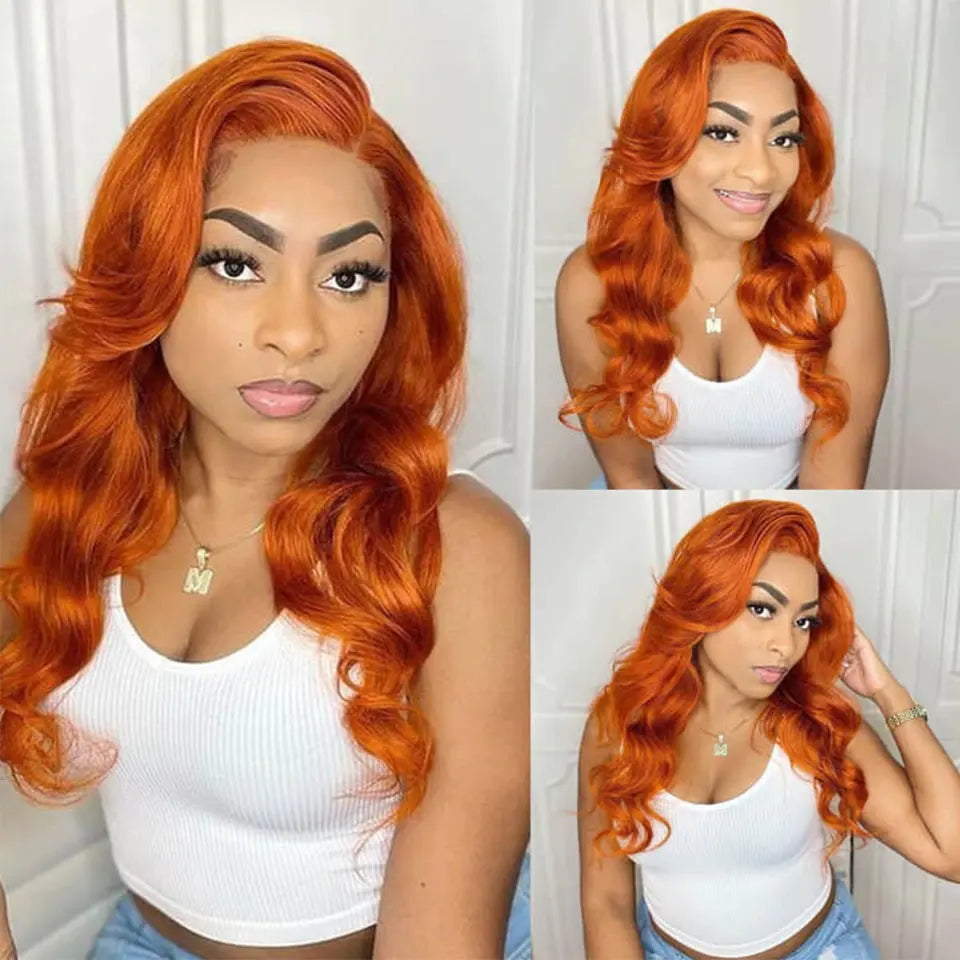 Beaufox Orange Body Wave Human Hair Lace Front Wig Virgin Human Hair 150% Density beaufox hair beaufox hair