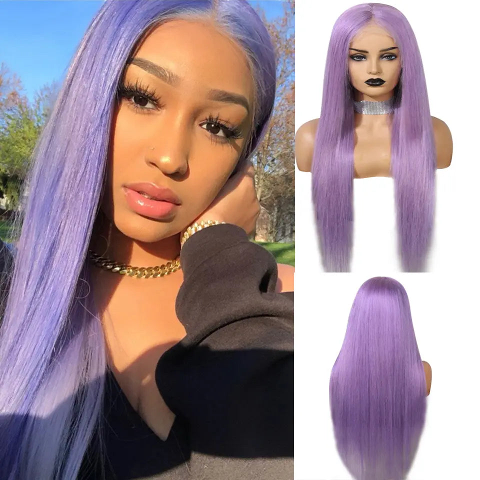 Beaufox Purple Color Straight Human Hair Lace Front Wig With Baby Hair 150%-210% Density beaufox hair beaufox hair