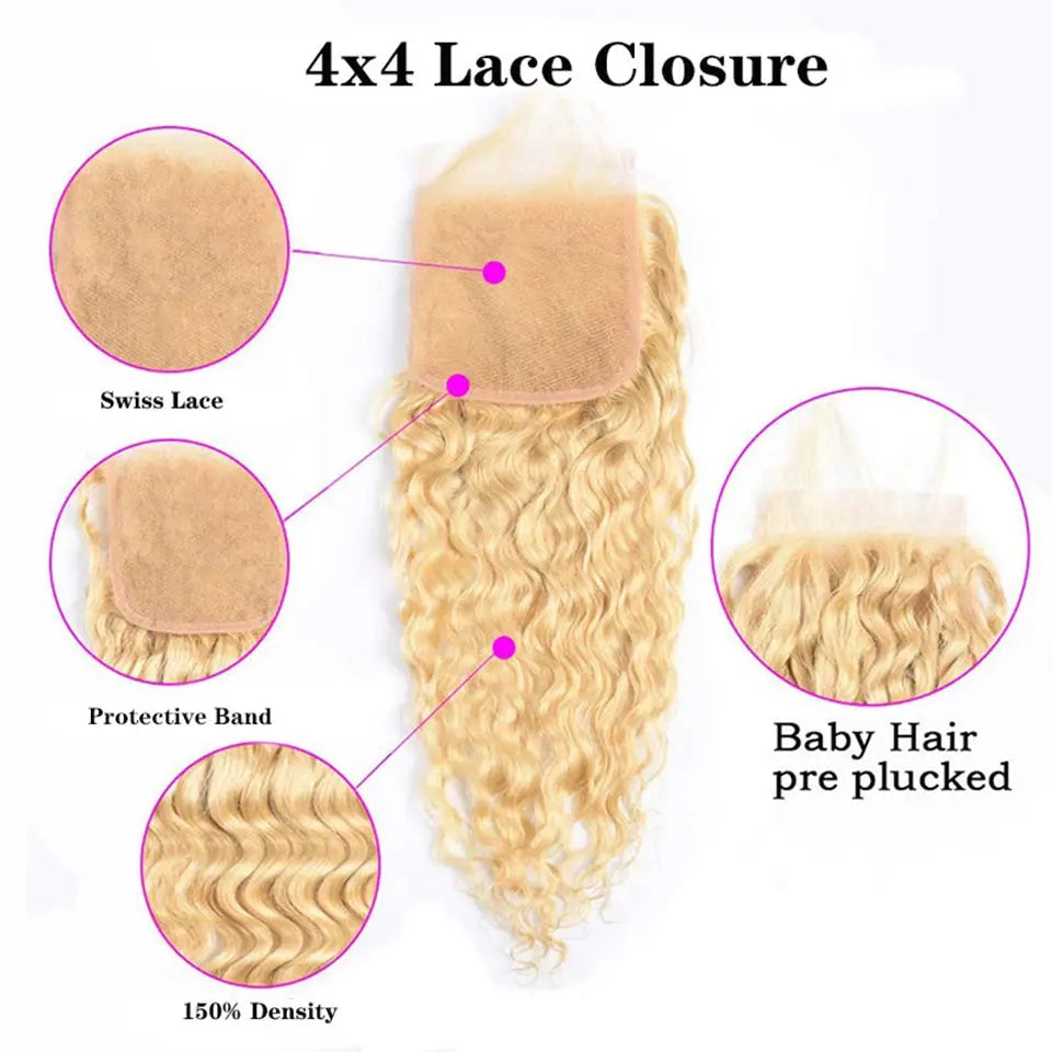 Beaufox Water Wave Virgin Human Hair 613 Blonde 4 Bundles With 4x4 Closure beaufox hair beaufox hair