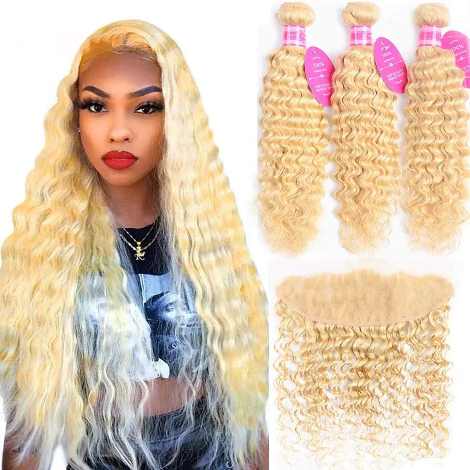 Blonde 613 Hair Deep Wave 3 Bundles With 13X4 Frontal Peruvian Human Hair beaufox hair beaufox hair