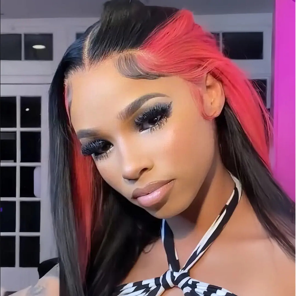 Straight 1b/pink Skunk Stripe Wig Human Hair Lace Front Colored Wigs Pre Plucked Wigs beaufox hair beaufox hair