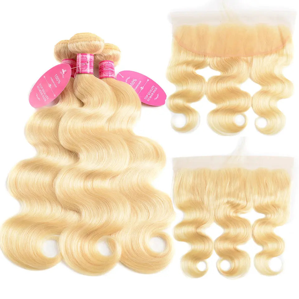 613 Blonde Hair Body Wave 3/4 Bundles With 13X4 Frontal Peruvian Human Hair beaufox hair beaufox hair