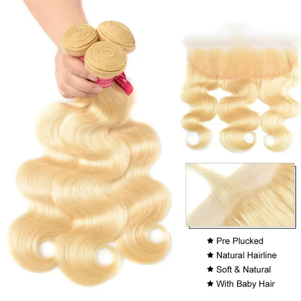 Beaufox 613 Blonde Color Body Wave Human Hair 3 Bundles With 13X4 Frontal beaufox hair beaufox hair