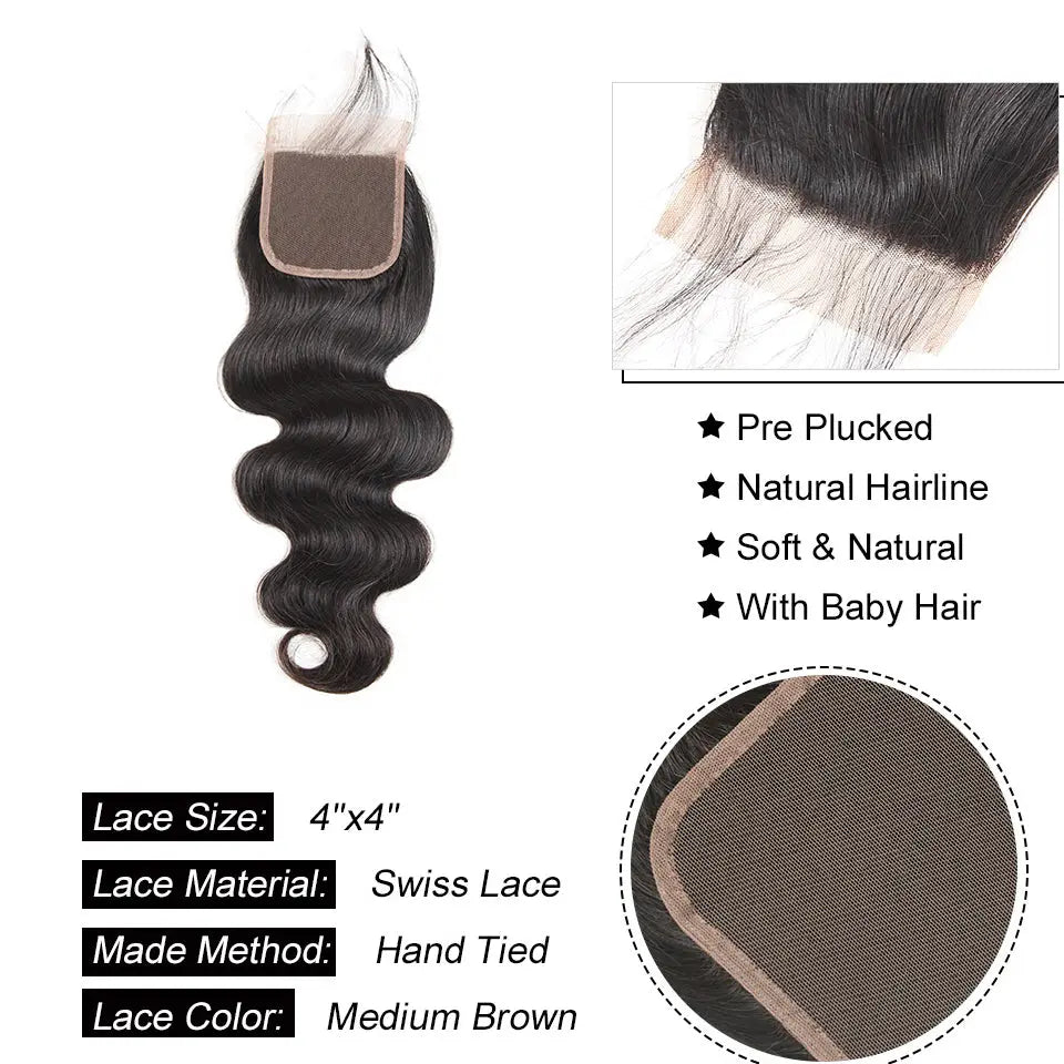 Beaufox Hair Body Wave Human Hair 4X4 Lace Closure Hair Natural Black beaufox hair beaufox hair