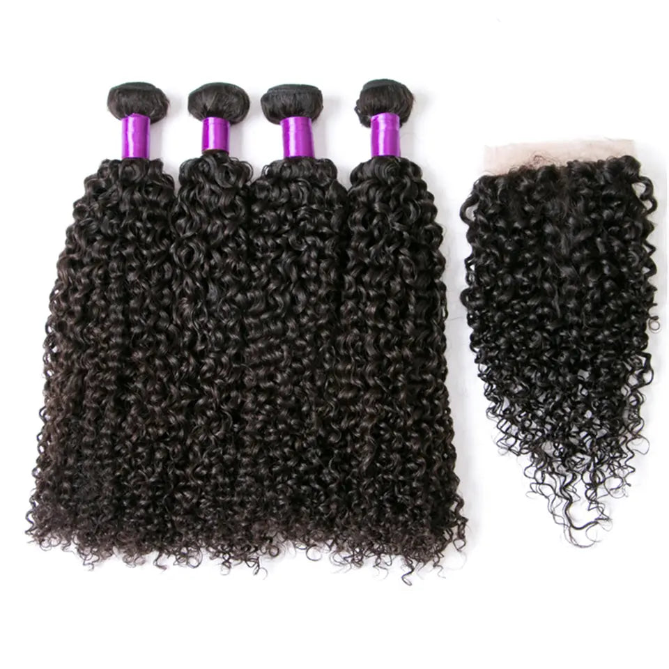 Beaufox Hair Bundles Kinky Curly 4 Bundles With 4X4/5X5/6X6 Lace Closure #1b Color For Women beaufox hair beaufox hair