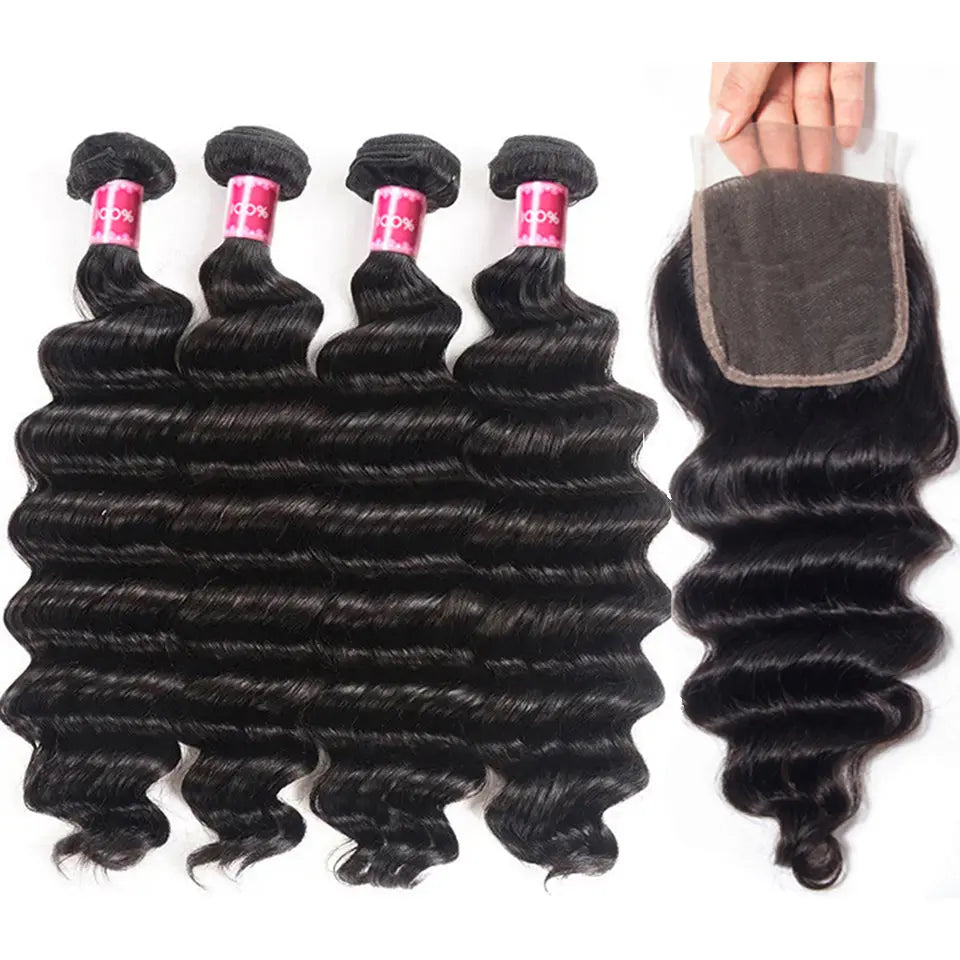 Beaufox Hair Loose Deep Wave Human Hair 3/4 Bundles With 4X4 Lace Closure beaufox hair beaufox hair
