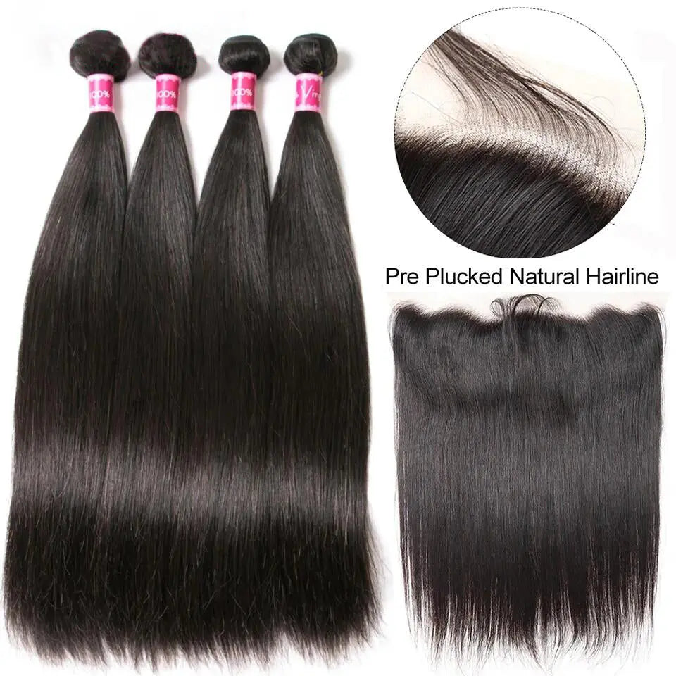 Beaufox Hair Straight Natural Black 4 Bundles With 13X4 Lace Frontal beaufox hair beaufox hair