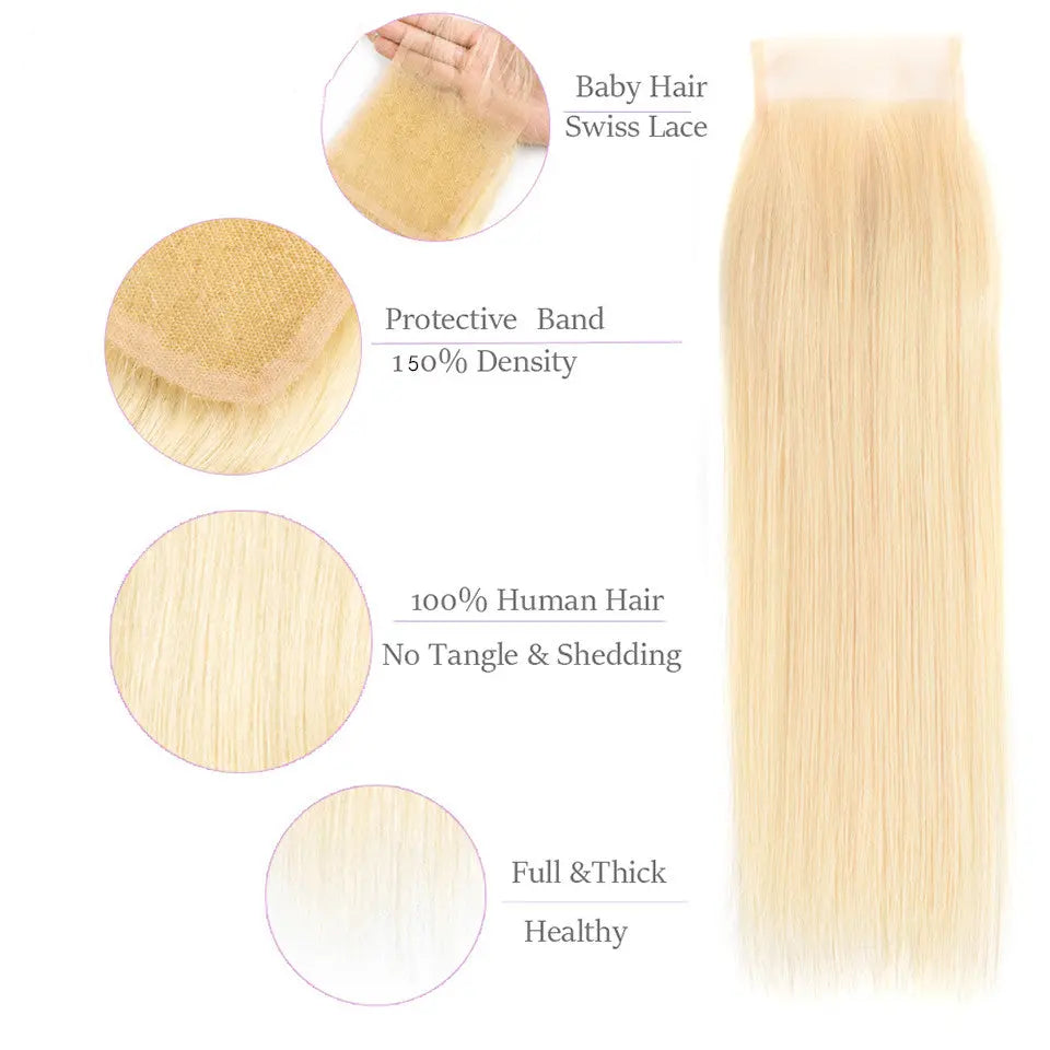 Beaufox Hair Virgin Human Hair 613 Blonde Straight 3 Bundles With 4X4 Closure beaufox hair beaufox hair