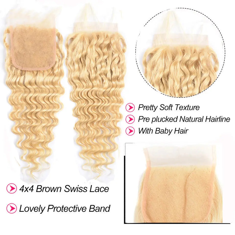 Beaufox Hair Virgin Human Hair Deep Wave 613 Blonde 3 Bundles With 4X4 Closure beaufox hair beaufox hair