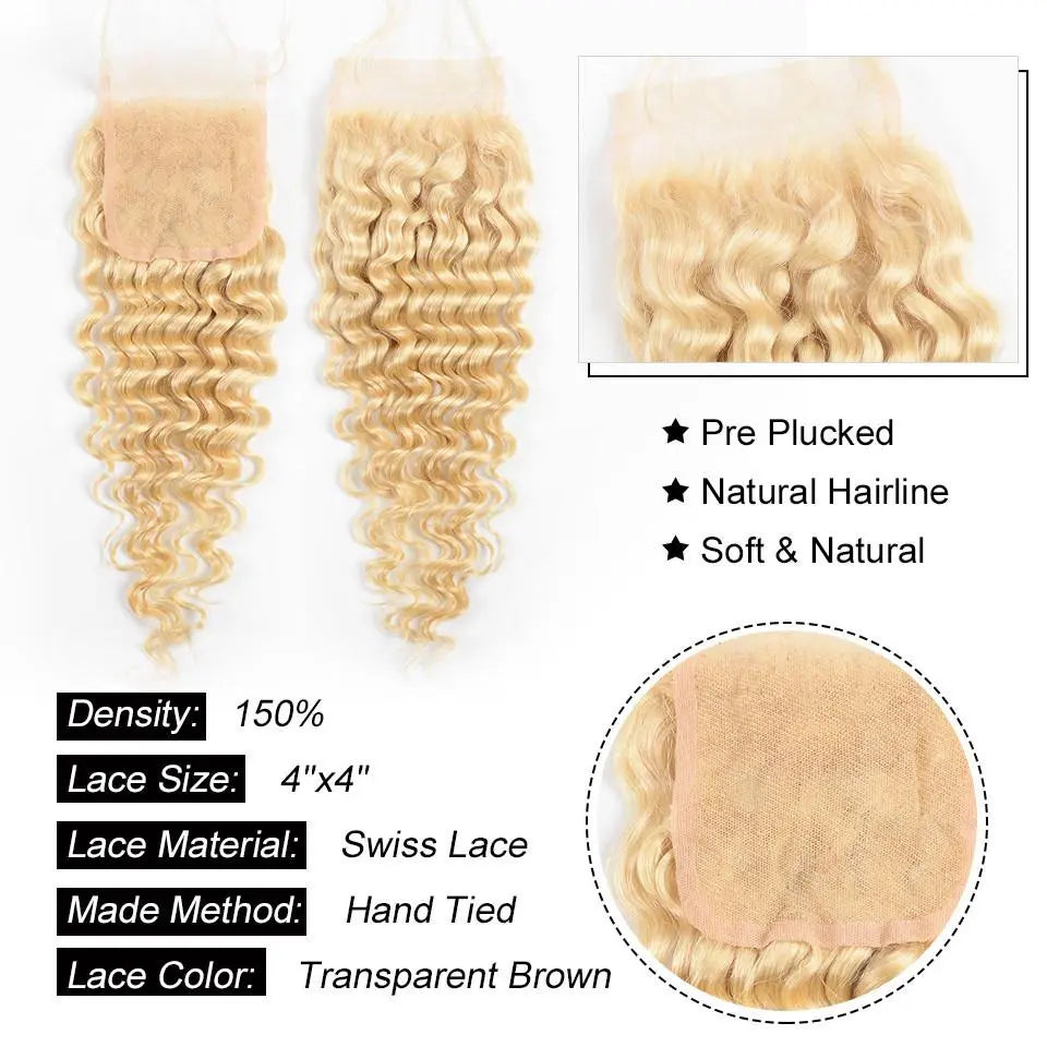 Beaufox Virgin Human Hair Deep Wave 613 Blonde 4 Bundles With 4x4 Lace Closure beaufox hair beaufox hair