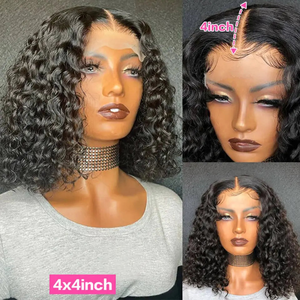 Beaufox Water Wave 4X4 Lace Front Bob Wig Natural Black Closure Wig beaufox hair beaufox hair