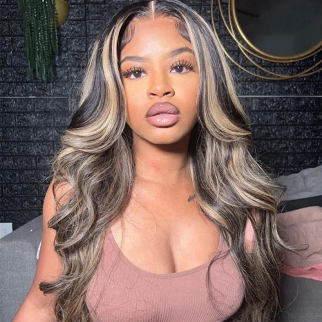 Body Wave Lace Wigs Black With Honey Blonde Highlights Human Hair Lace Frontal Wigs beaufox hair beaufox hair