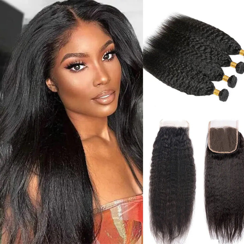 Kinky Straight Humanhair 4 Bundles Hair With 4x4 Closure Extension Natural Hair For Black Woman beaufox hair beaufox hair
