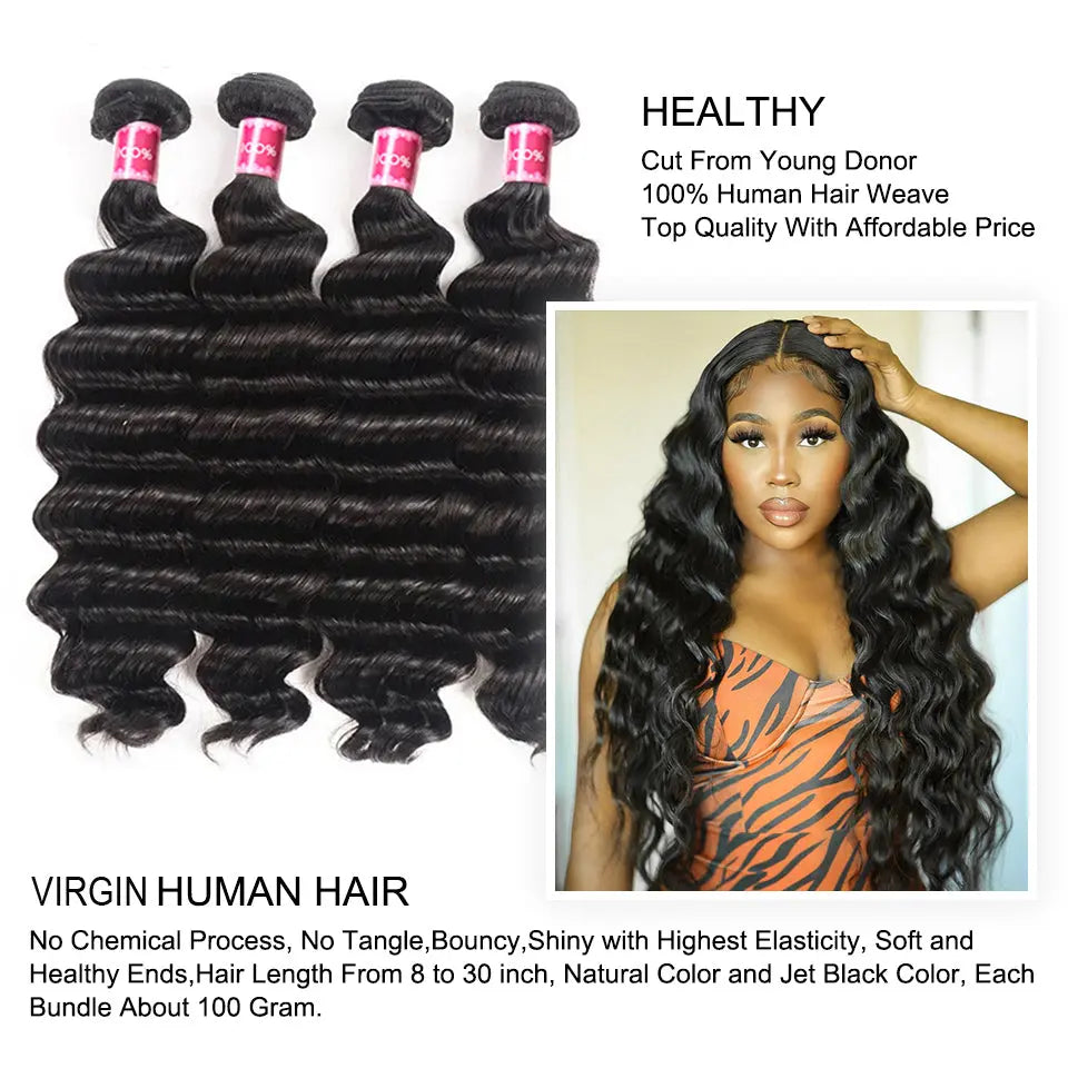 Natural Black Loose Deep Soft Hair 4 Bundles With 13X4 Lace Frontal beaufox hair beaufox hair