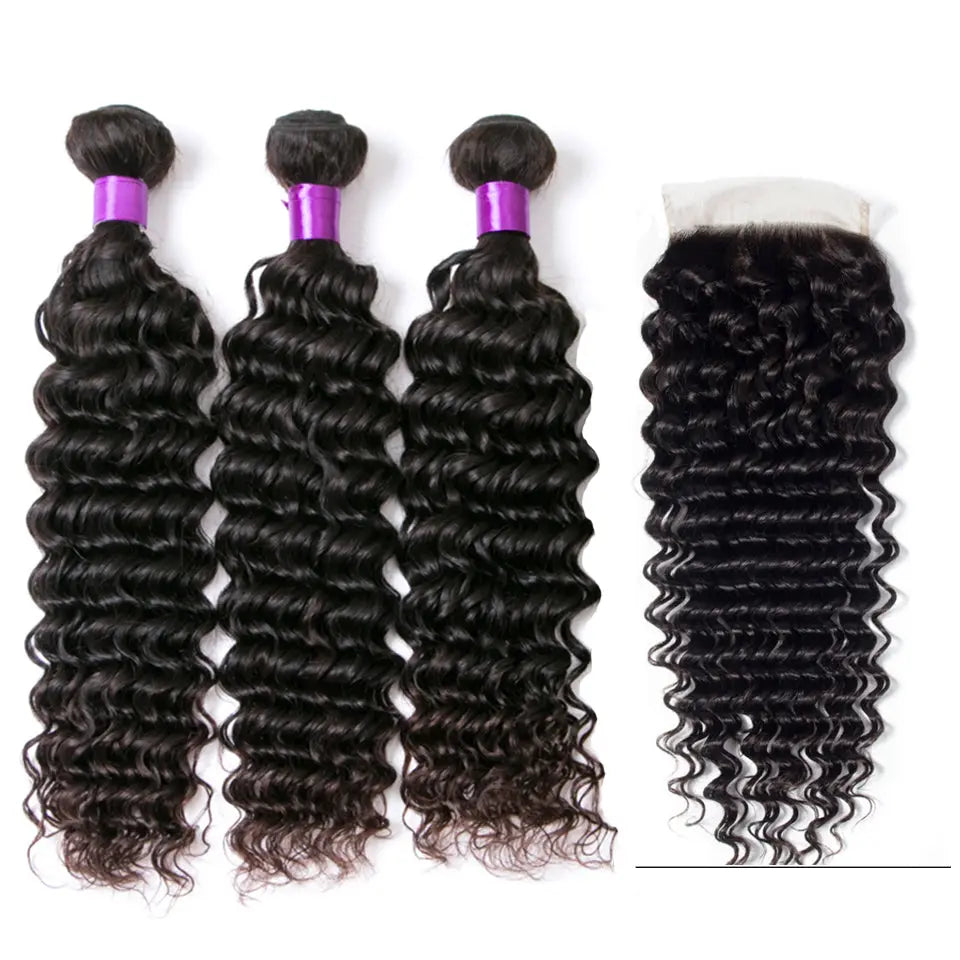 Peruvian Virgin Human Hair Natural Black Deep Wave 3 Bundles With 4X4 Lace Closure beaufox hair beaufox hair