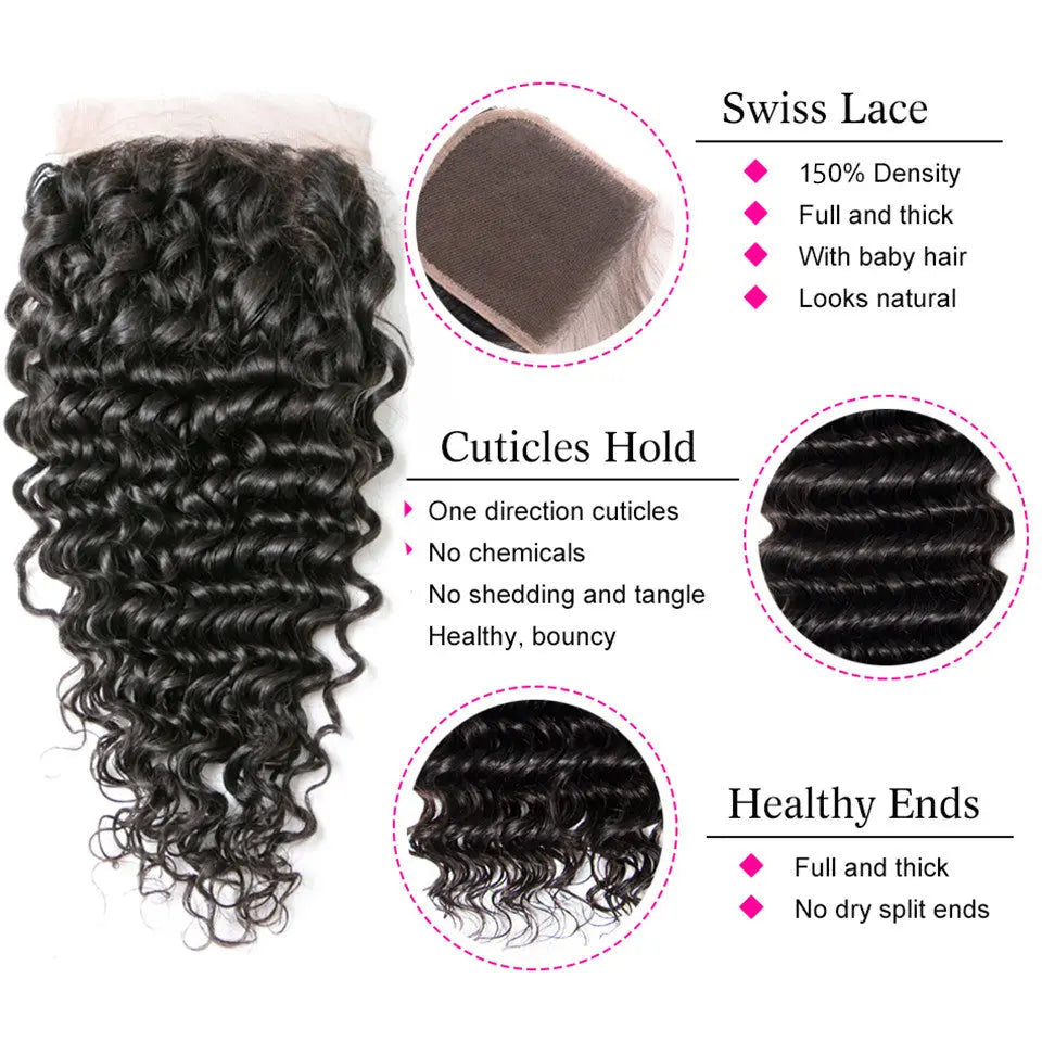 Peruvian Virgin Human Hair Natural Black Deep Wave 3 Bundles With 4X4 Lace Closure beaufox hair beaufox hair