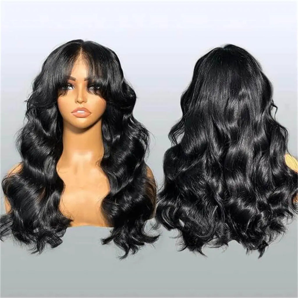 Body Wave Lace Front Wigs With Curtain Bangs 180% Density Clear Transparent HD Lace Nature Wave Wig 的副本 beaufox hair beaufox hair