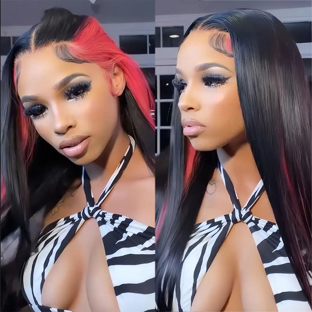 Straight 1b/pink Skunk Stripe Wig Human Hair Lace Front Colored Wigs Pre Plucked Wigs beaufox hair beaufox hair