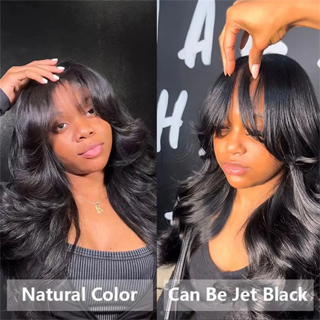 Body Wave Lace Front Wigs With Curtain Bangs 180% Density Clear Transparent HD Lace Nature Wave Wig 的副本 beaufox hair beaufox hair